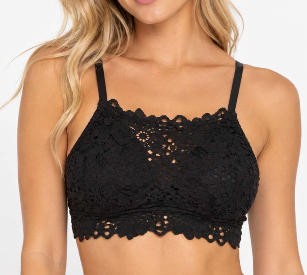 Aerie Black Floral Lace High Neck Bralette Crop Top with Scalloped Trim